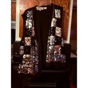 Westport Women's Black Sequin‎ Checkerboard Open Front Vest Size S